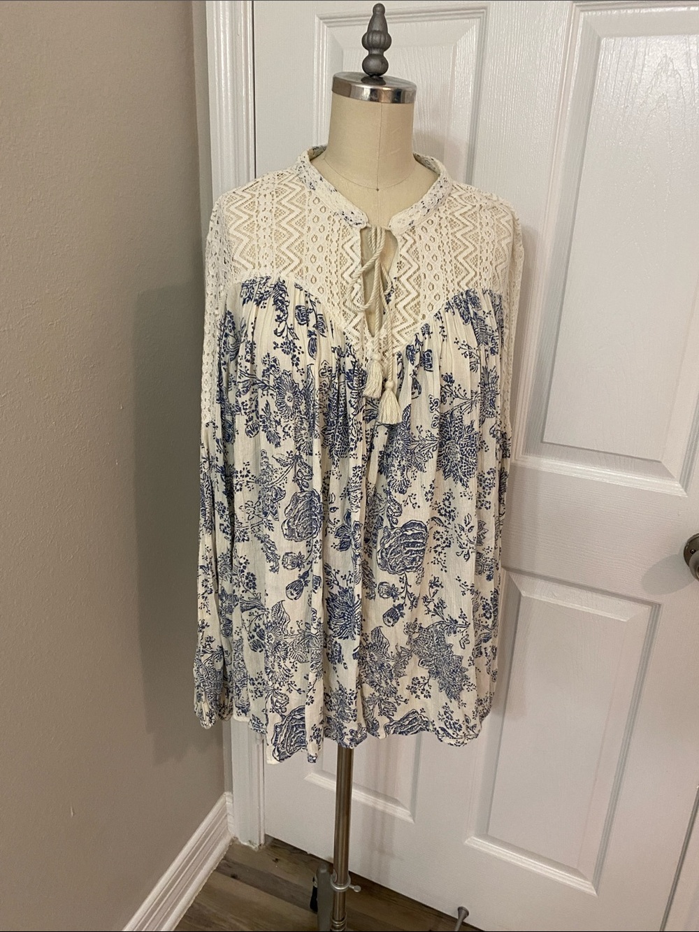 Ralph Lauren Cream Tunic with Navy Floral Print and Crochet Yoke